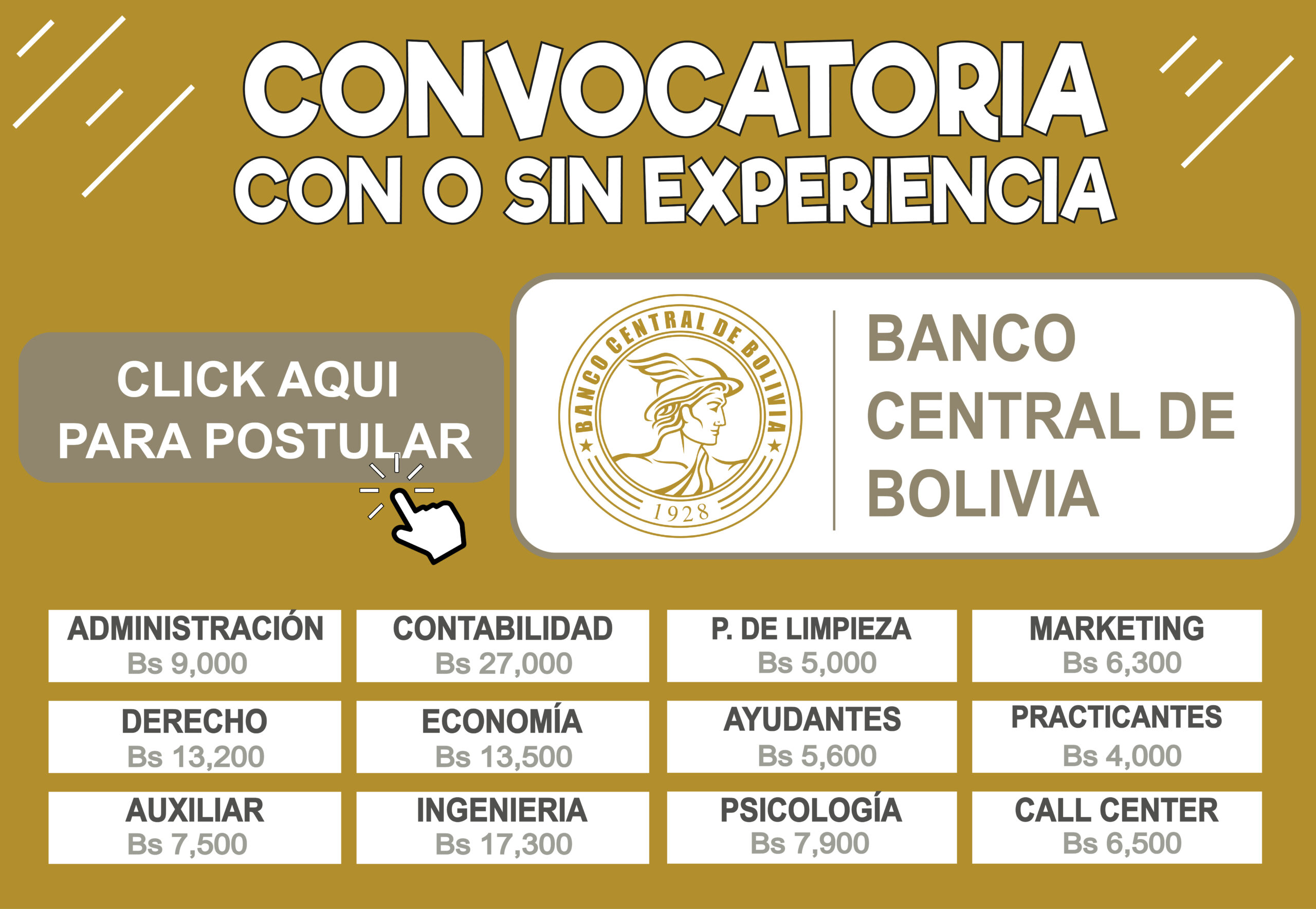 EL BANCO CENTRAL DE BOLIVIA ESTA CONTRATANDO PERSONAL PARA TRABAJAR. POSTULA AQUI